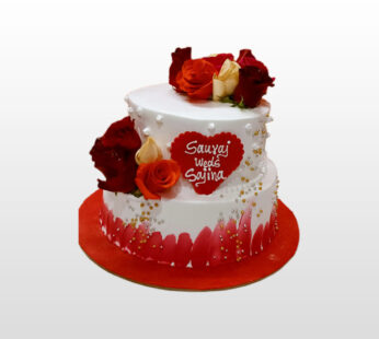 two layer rose on top white and red wedding Cake